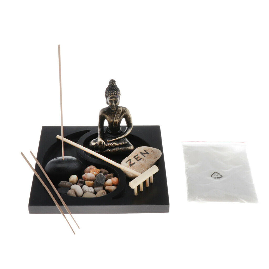 Meditation Buddha Statue Zen Garden Sand Rock Rake Incense Burner Scene