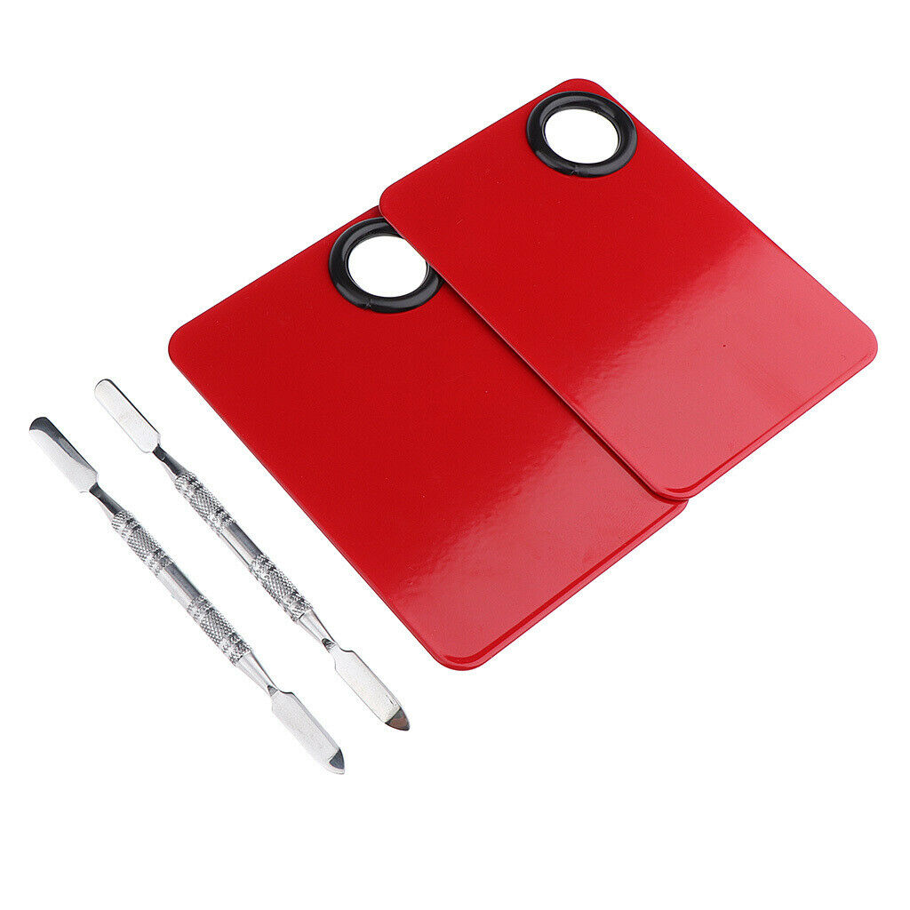 2x Retangle Nail Art Paint Makeup Foundation Mixing Palette w/ Spatula Set Red