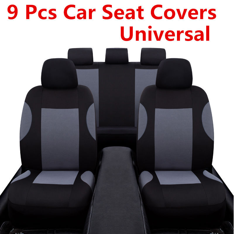 Car Seat Covers - Gray/Black Polyester Cloth - Front & Rear Headrests Bench 9Pcs