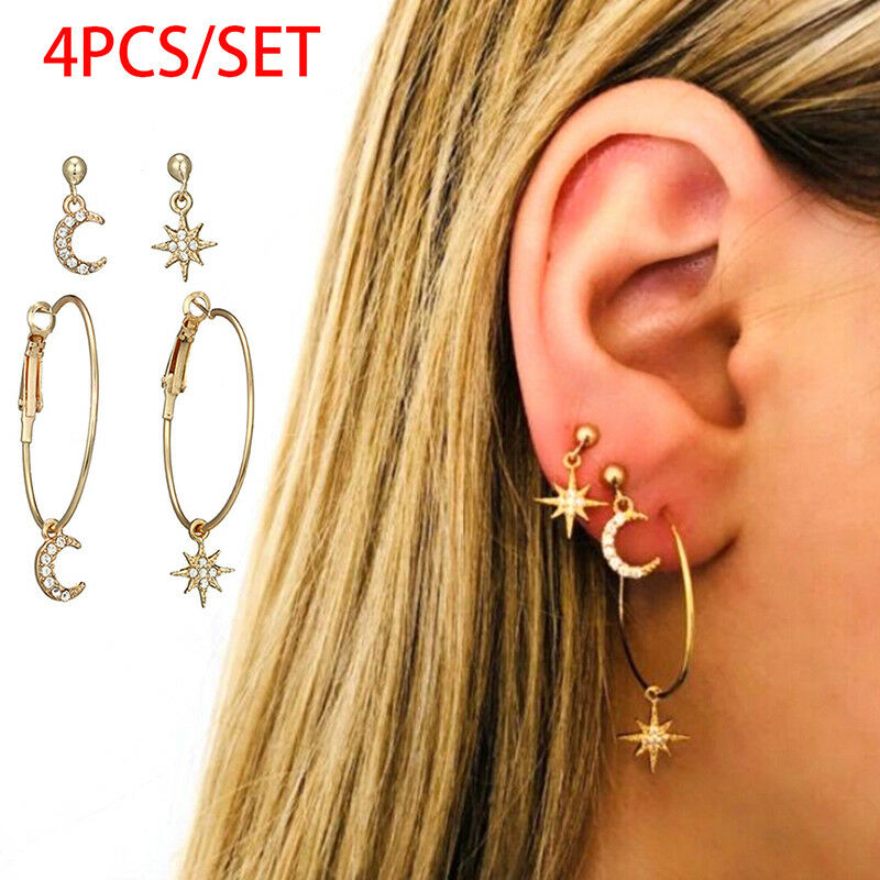 4X Bohemian Large Circle Earrings Ear Clip Crystal Moon Star Stud Jewelry LDU Xz