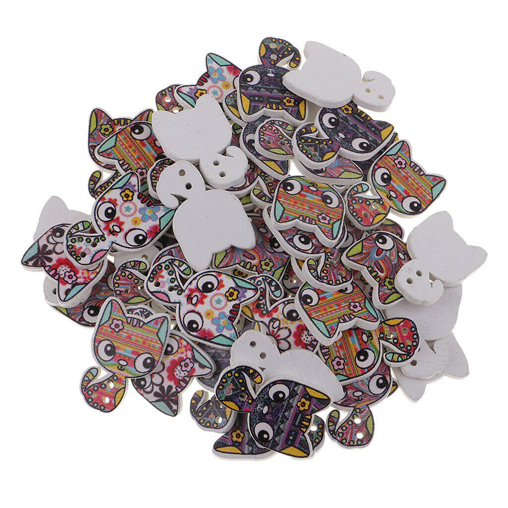 50Pcs Cartoon Animal Cat Wood Buttons Sewing Crafts Accessories 26*17mm