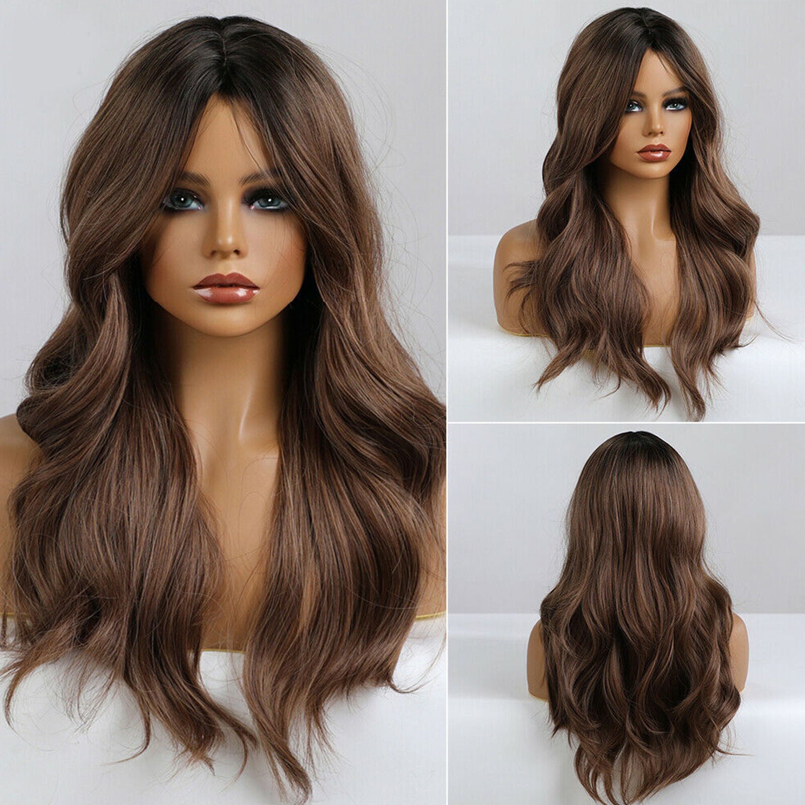 Natural Wavy Hair Wigs with Long Bangs for Women Daily Ombre Dark Brown 24 In