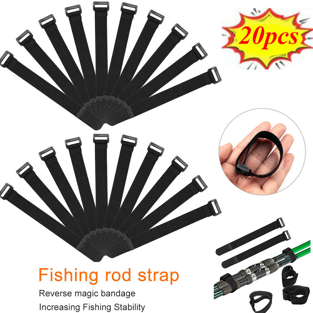 20pcs/Set Fishing Rod Tie Holder Strap Suspenders Fastener Loop Belts Kit Black