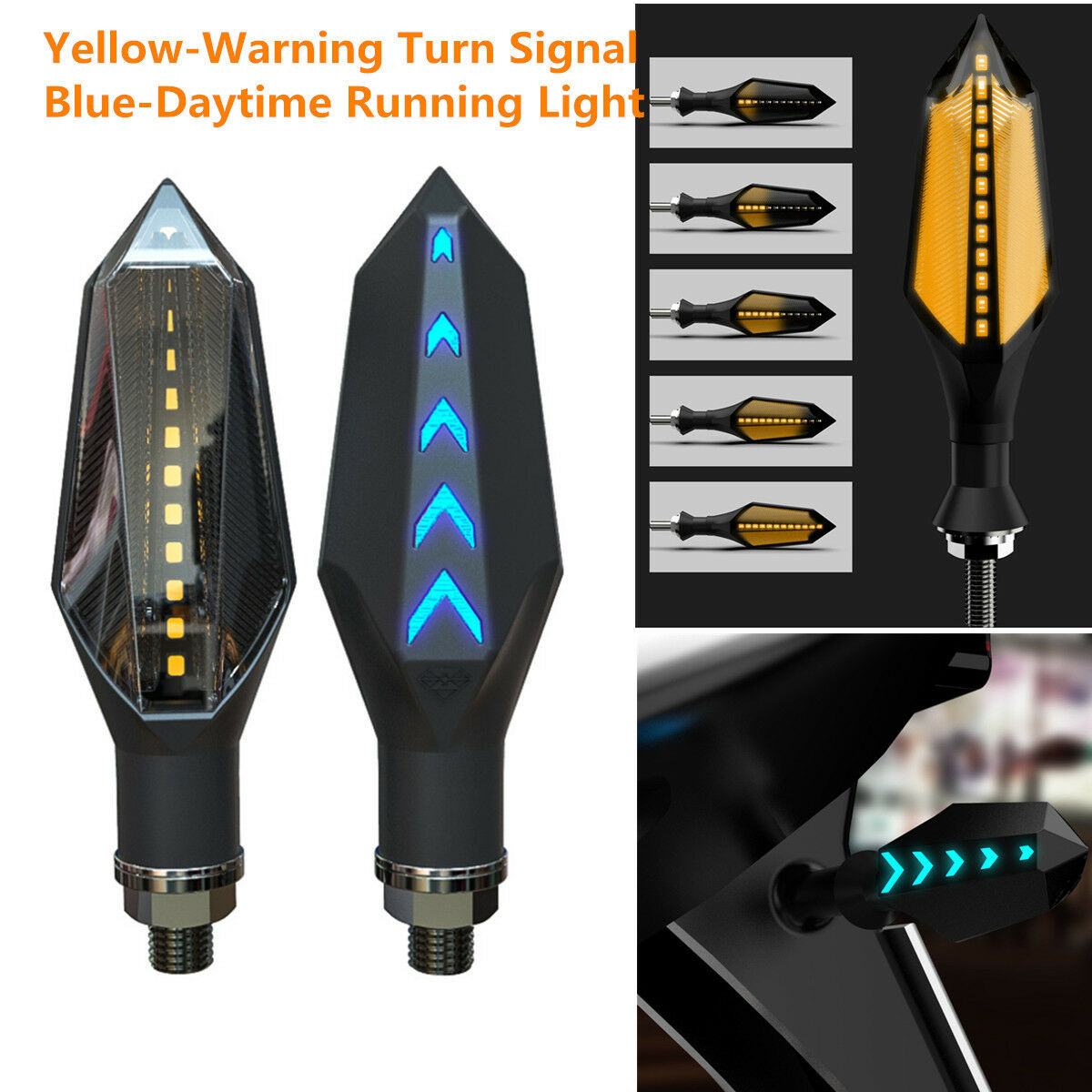 2IN1 Motorcycle Back Arrow Yellow Warning Turn Signal+Blue Daytime Running Light
