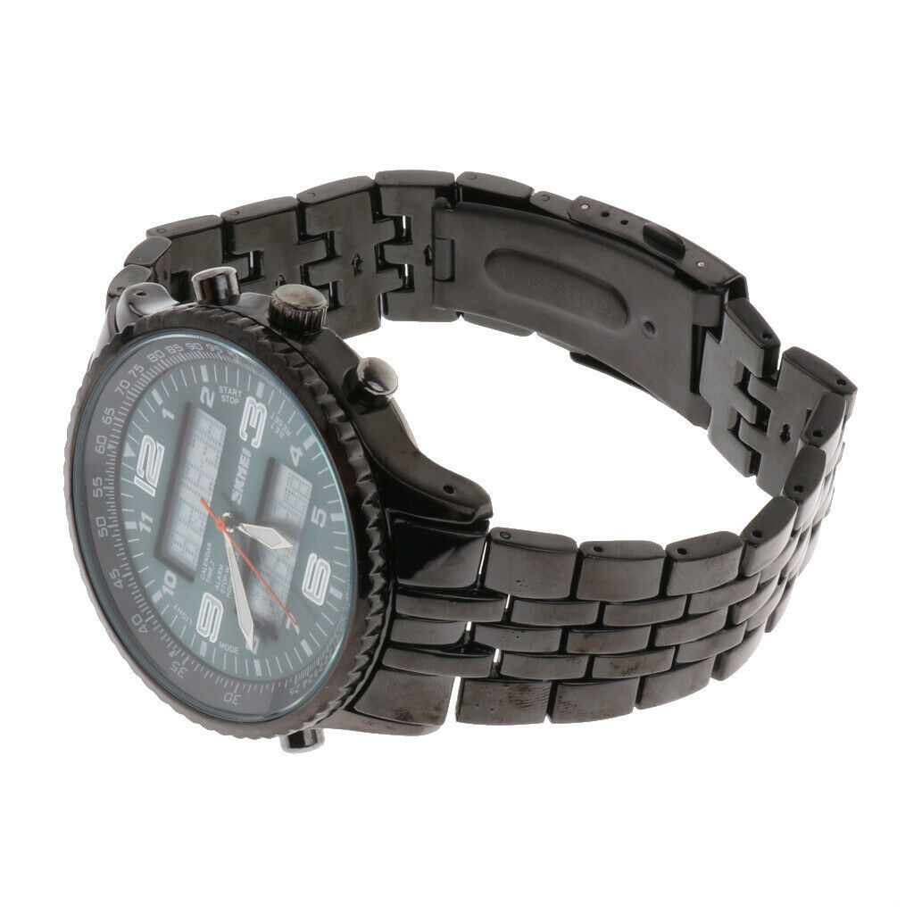 Mens Multifunctional Analog-Digital Chronograph Metal Strap Wristwatch Blue