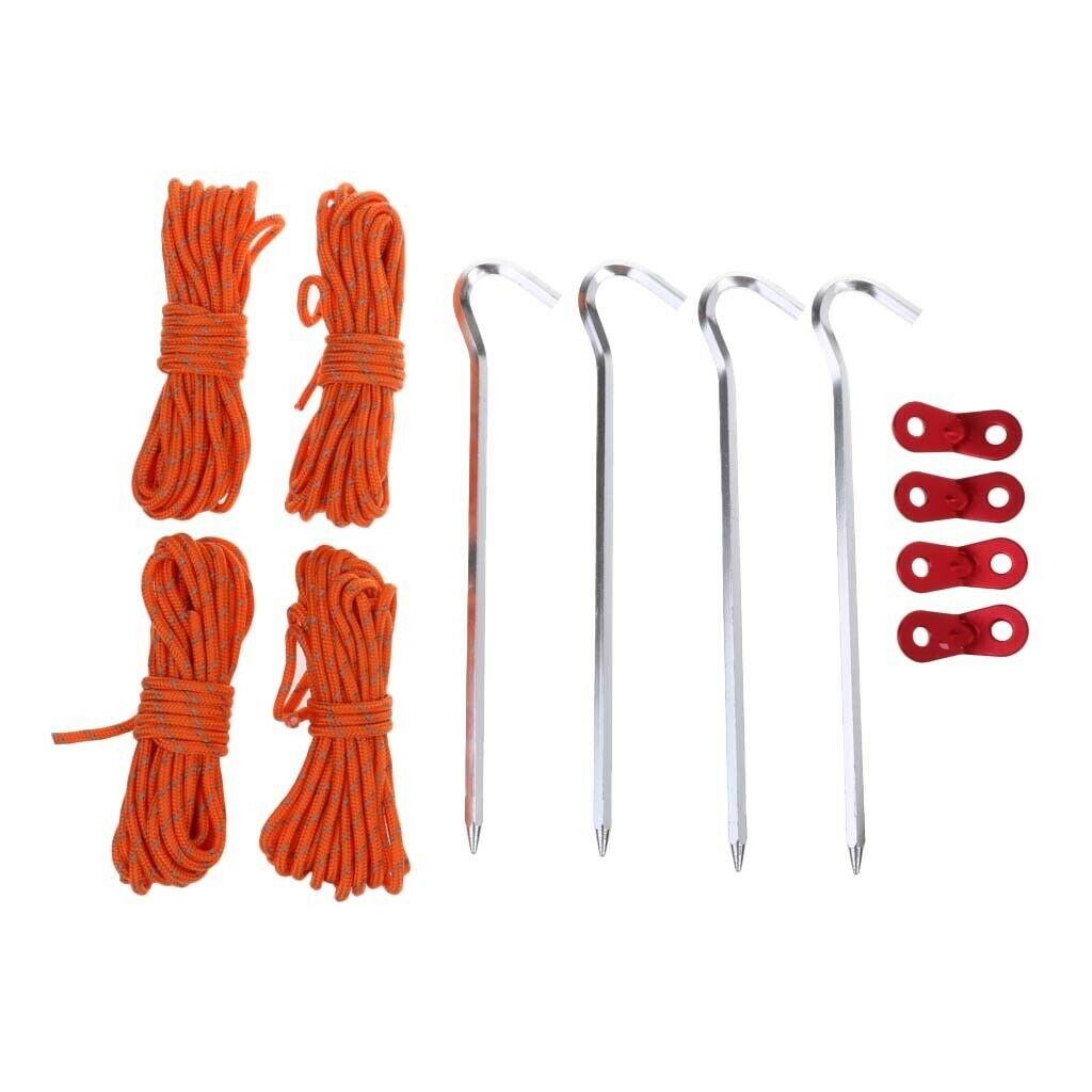 Tent Accessory Set - 4Pc Reflective Rope/4Pc Rope Tensioner/4Pc Tent Stakes