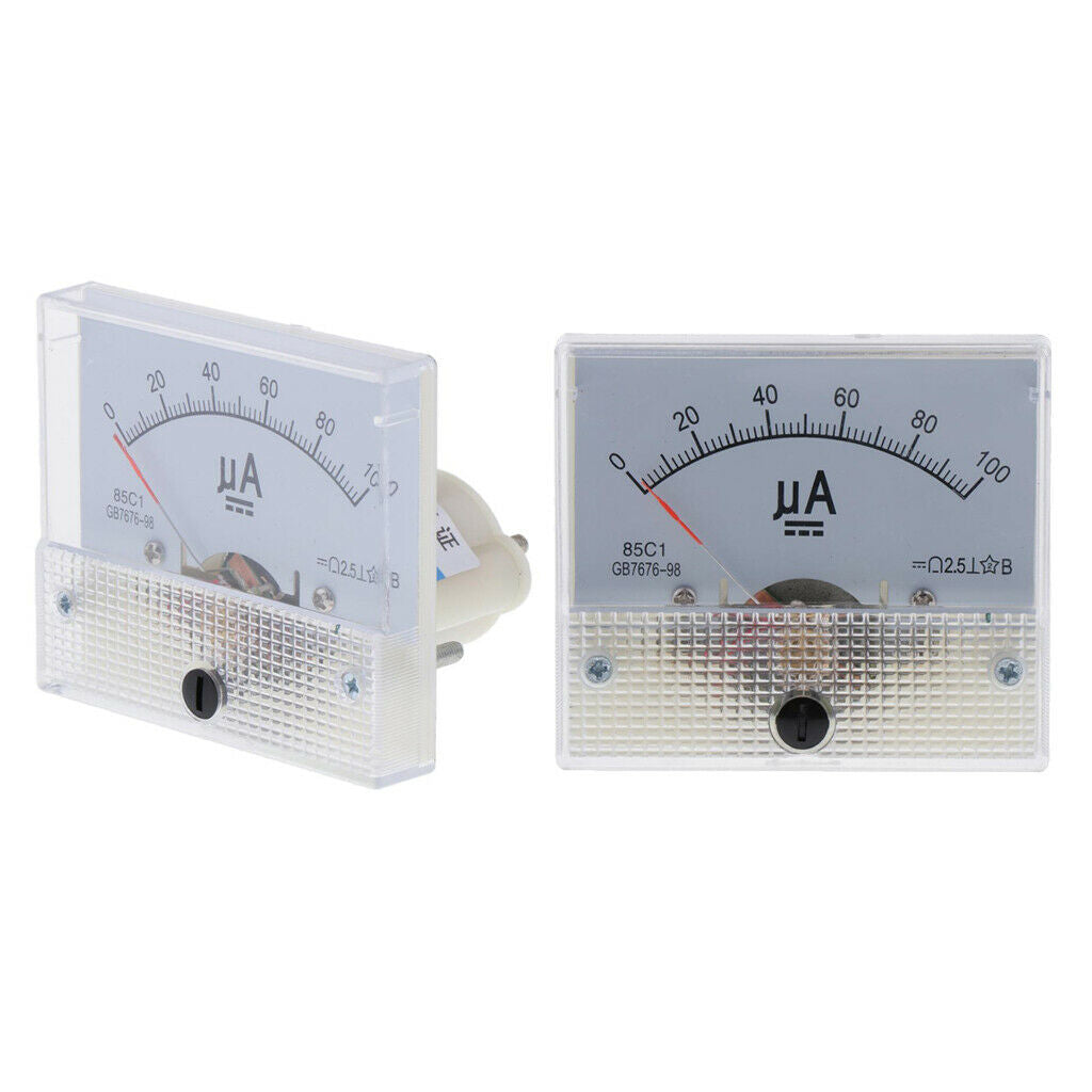 2pcs Rectangle Plastic 85C1-uA Panel Analog Ammeter Micro Amp Meter 0-100uA