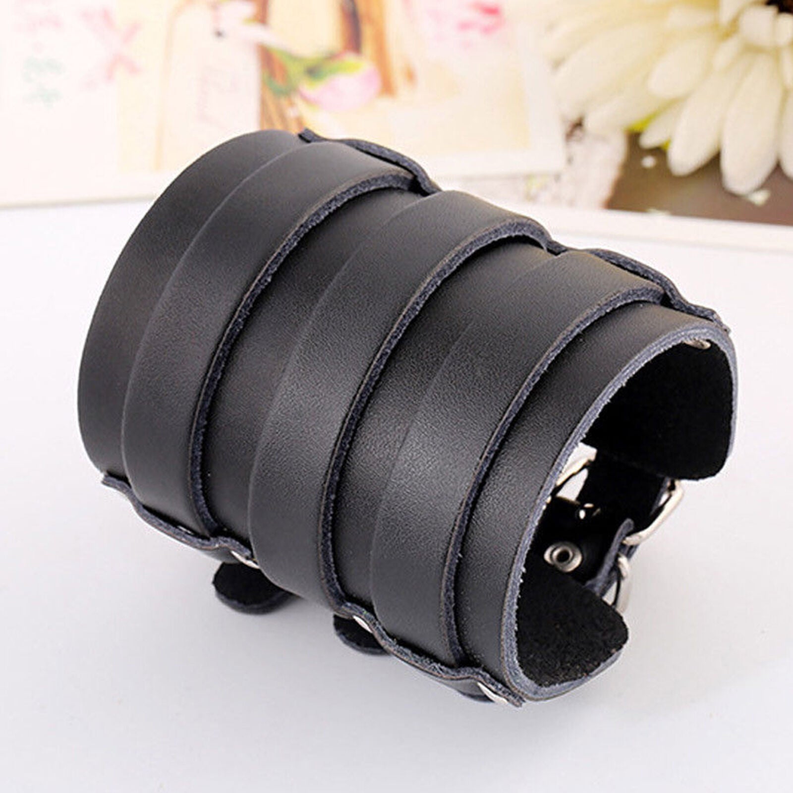 Men's Punk Wide Leather Belt Wristband Bangle Cuff Bracelet Gifts