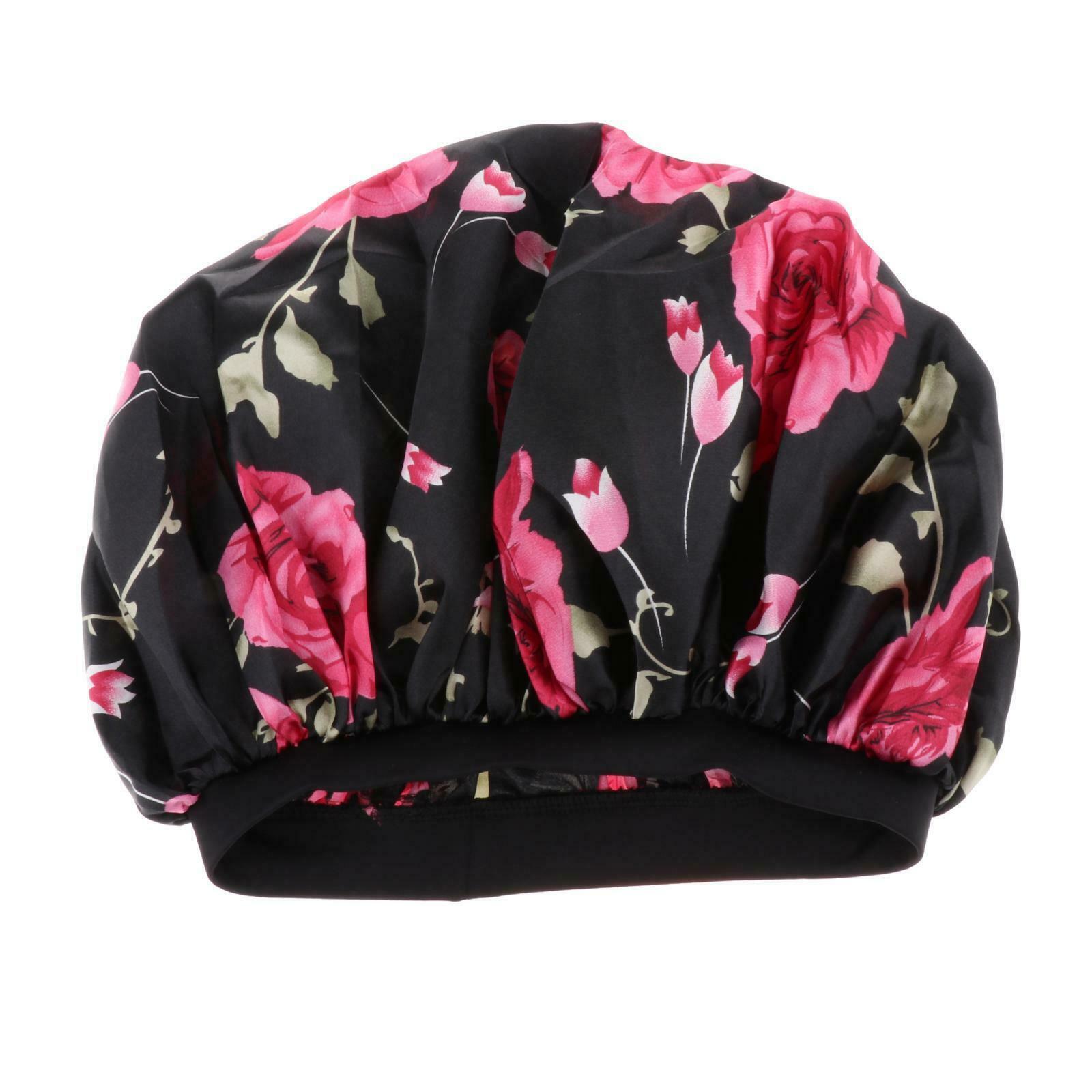 Satin Women Sleep Cap Night Wrap Elastic Sleeping Bonnet Safflower On Black