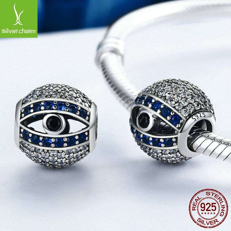 European 925 Sterling Blue Eye of God Zircon CZ Round bead solid charm for women