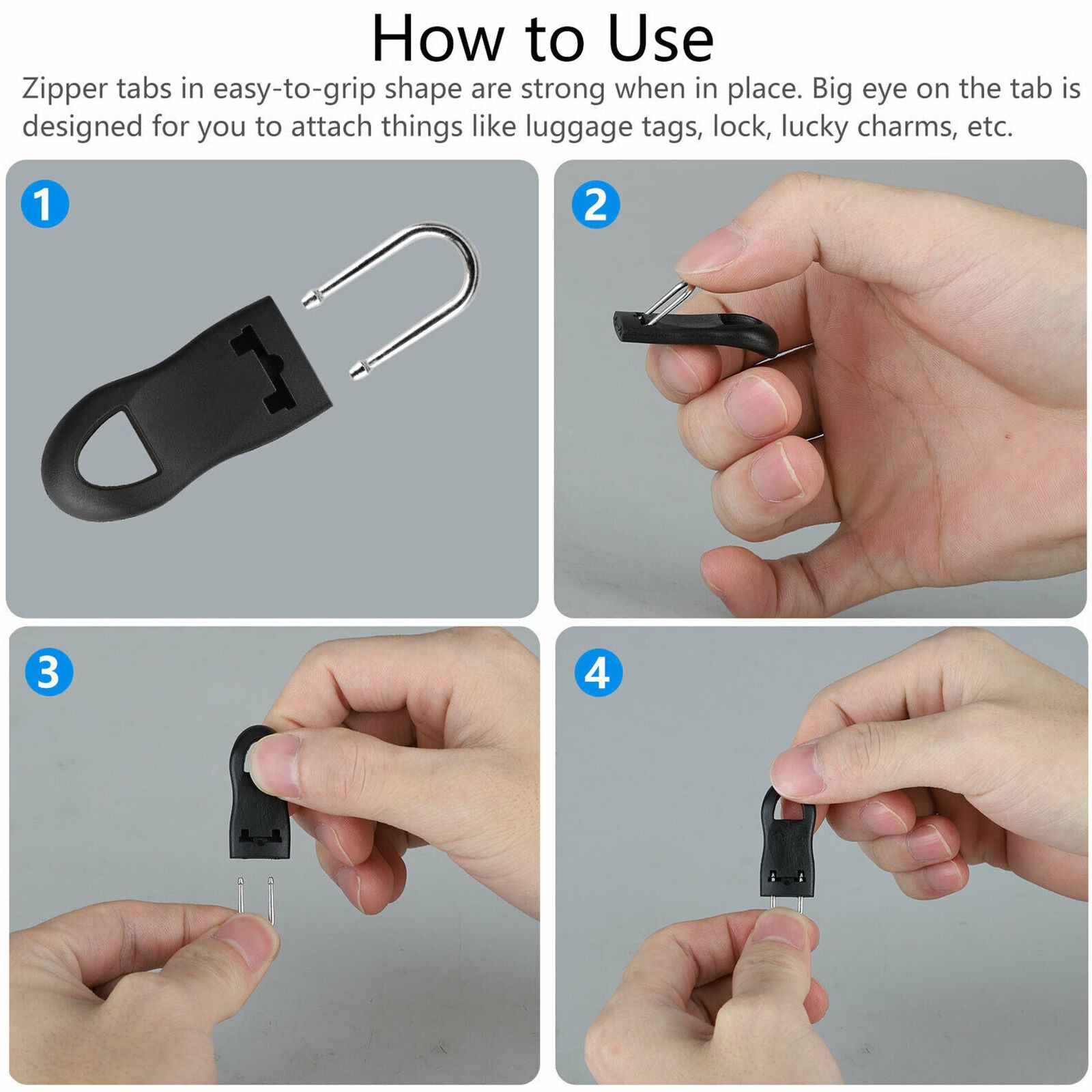 16 Pcs Zipper Pull Replacement Repair Mend Kit For Luggage Jacket Backpack Black