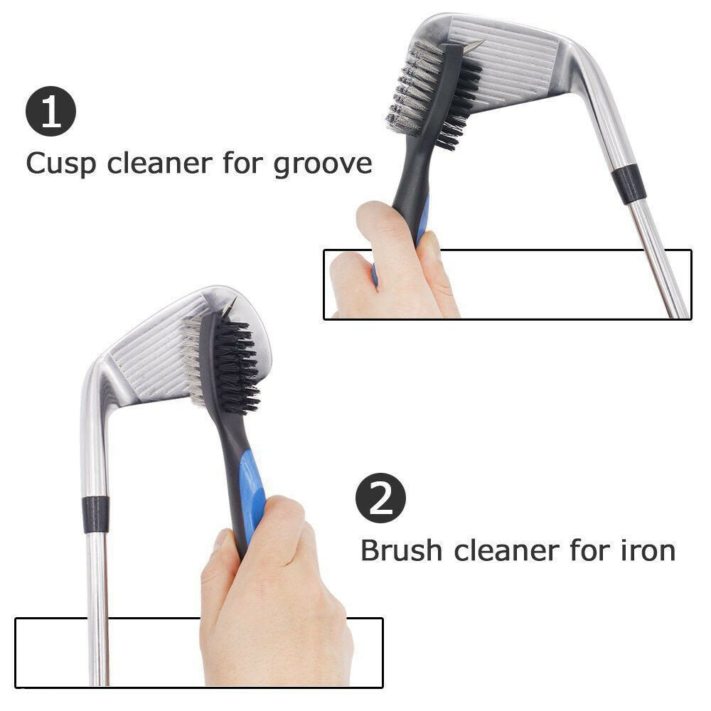 Brush Golf Club Dual Bristle Cleaning Cleaner Clip Groove Spike Retractable Reel