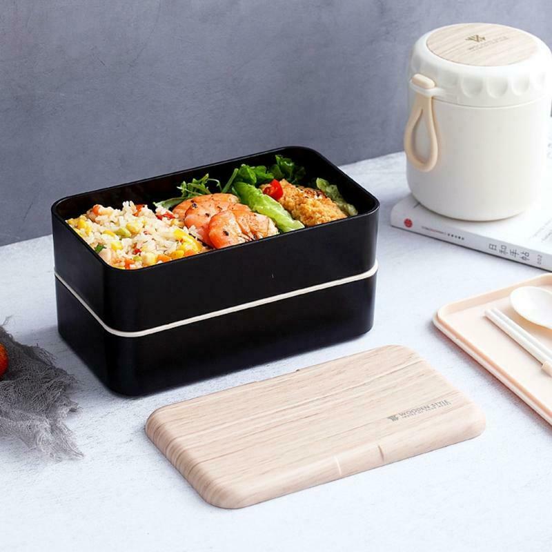 Wooden Cover Double-layer PS PP PE Material Lunch Boxes Microwavable for Student
