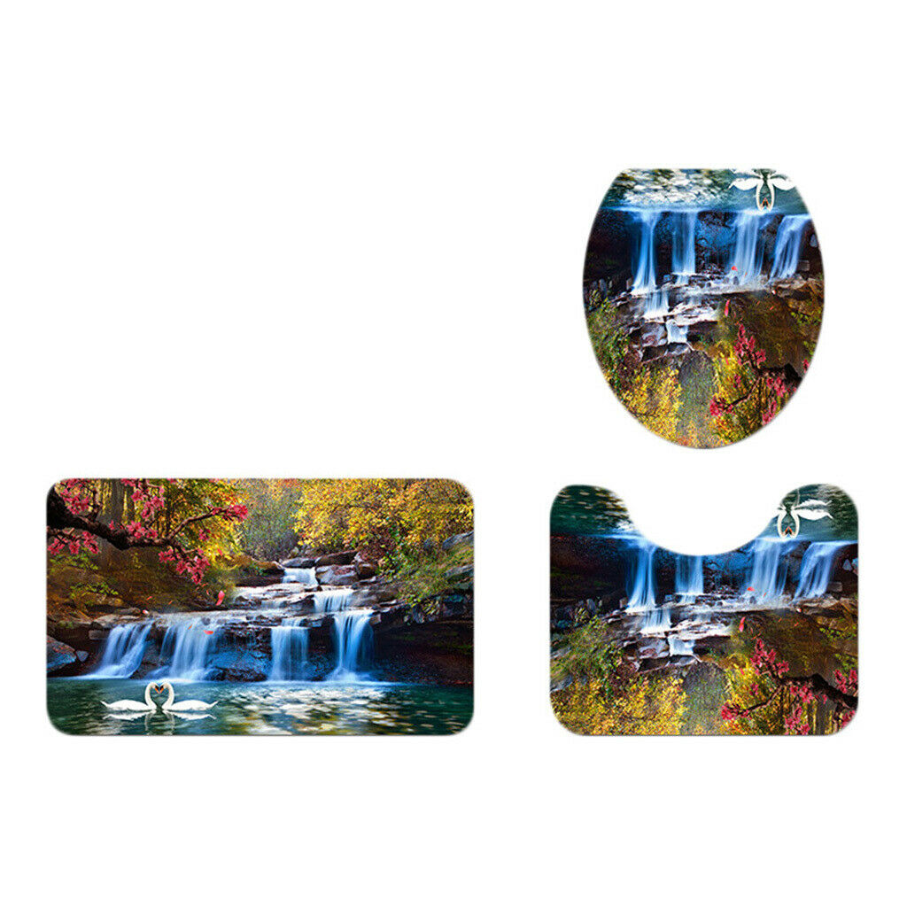 Landscape Pattern Toilet Lid Cover Bathroom Rug Set Home Decor Autumn Senery