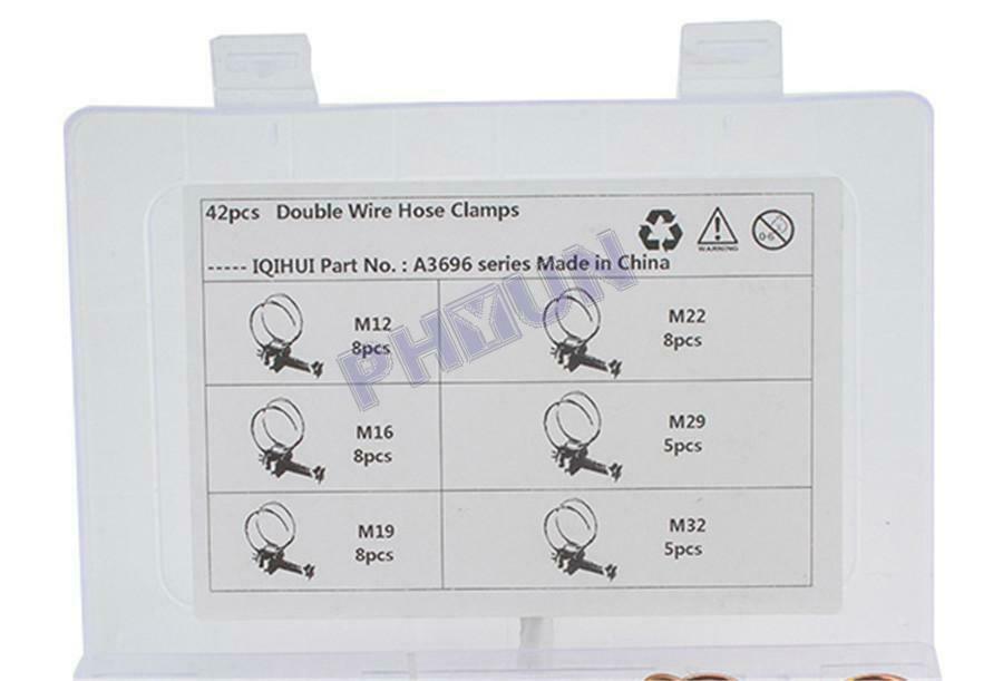 42pcs Double Wire Hose Clamps w/ Screws Bolts Locking 6 Size Adjustable Steel