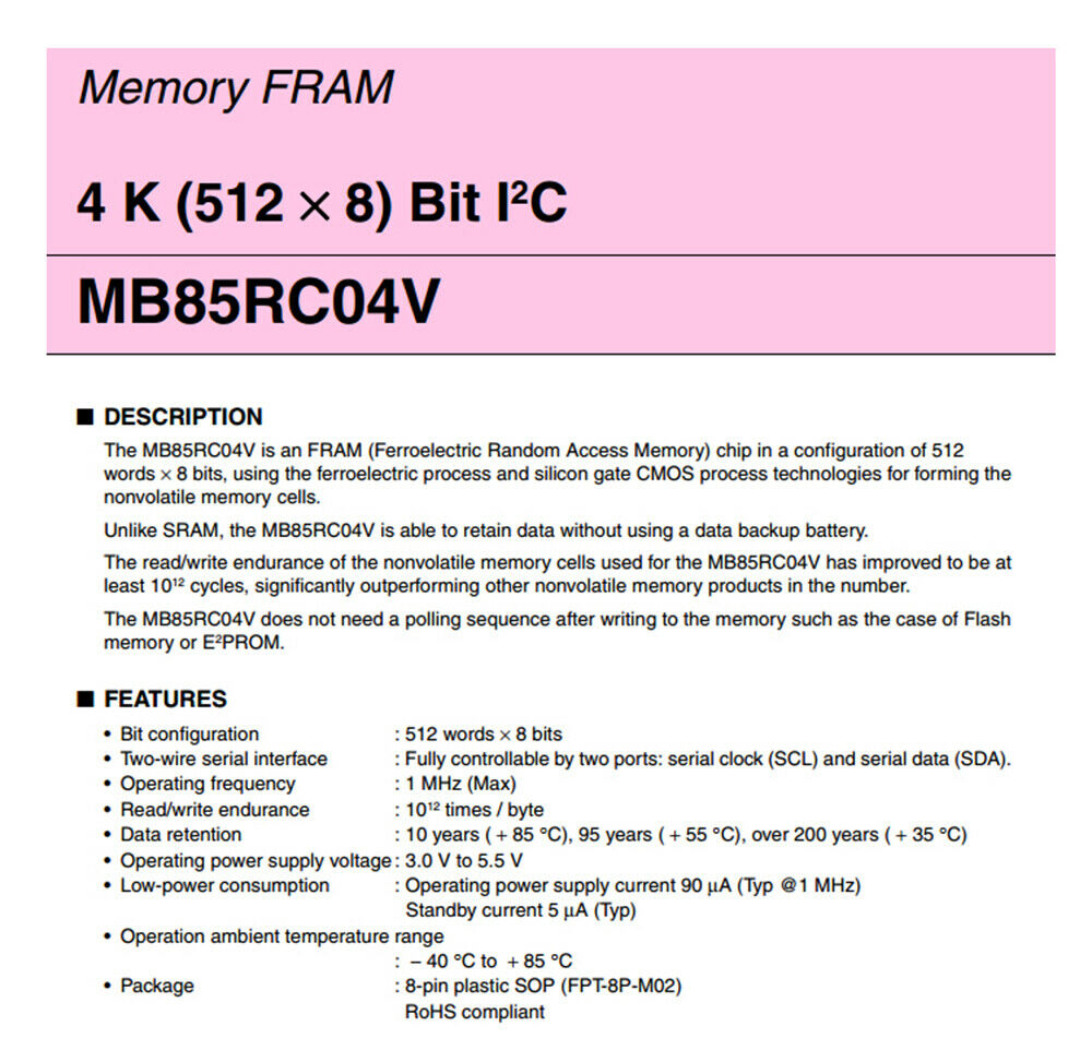 Nonvolatile Memory FRAM 4-KBit (512 x 8) I²C 3~5.5V MB85RC04V SOIC-8 Chip IC