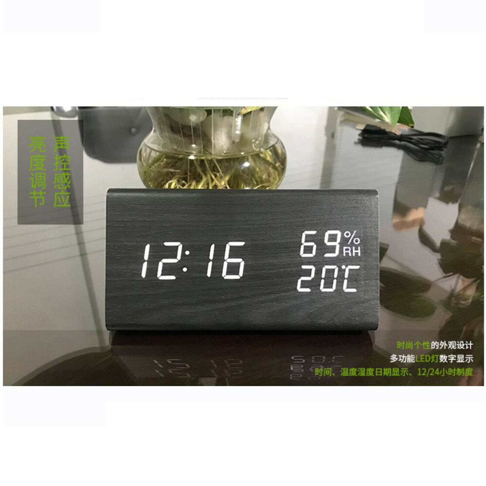 Large Wooden LED Digital Alarm Clock Dimmer USB Charging Bedroom Clocks