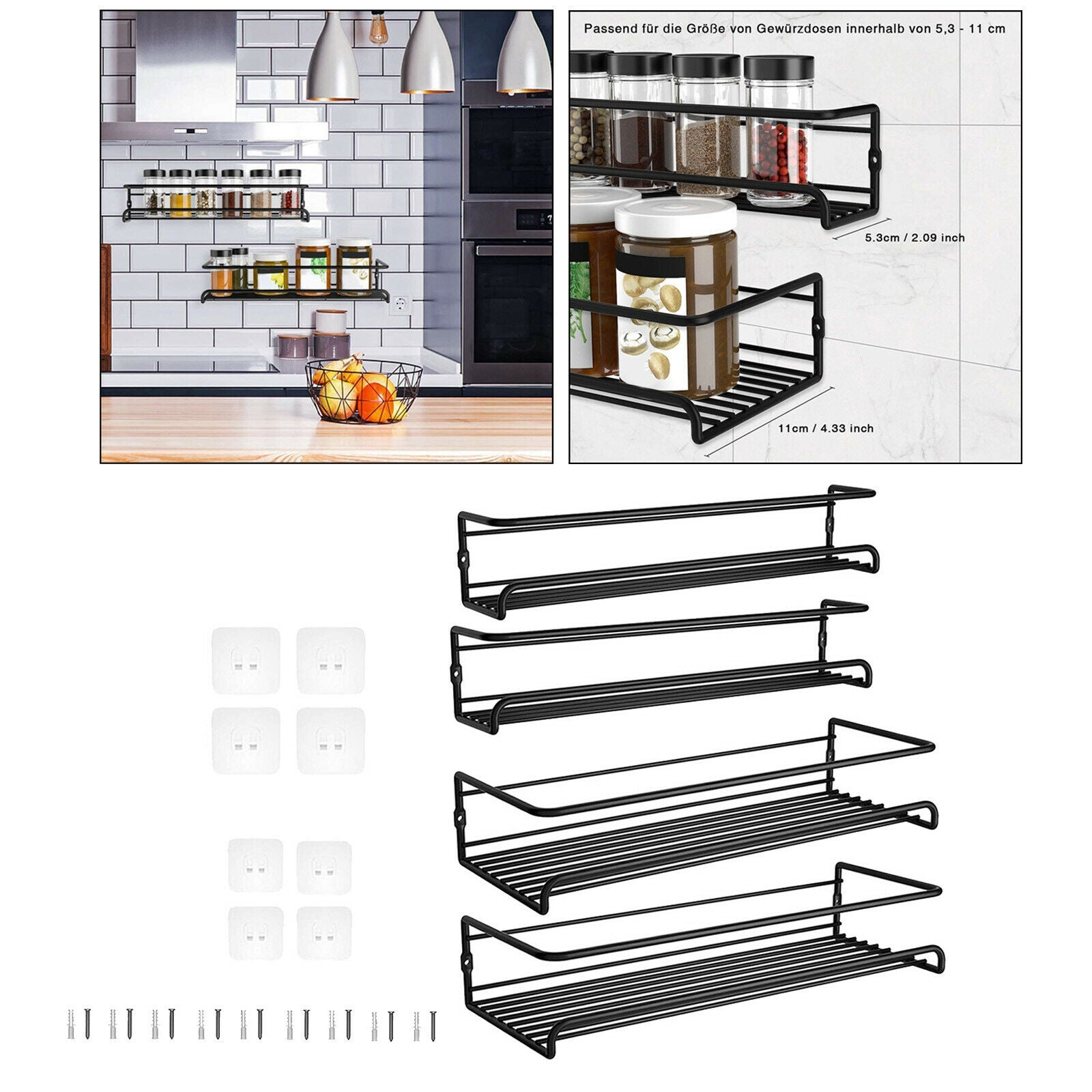 Set of 2 Durable Black Hanging Spice Shelves Storage Rack Kitchen