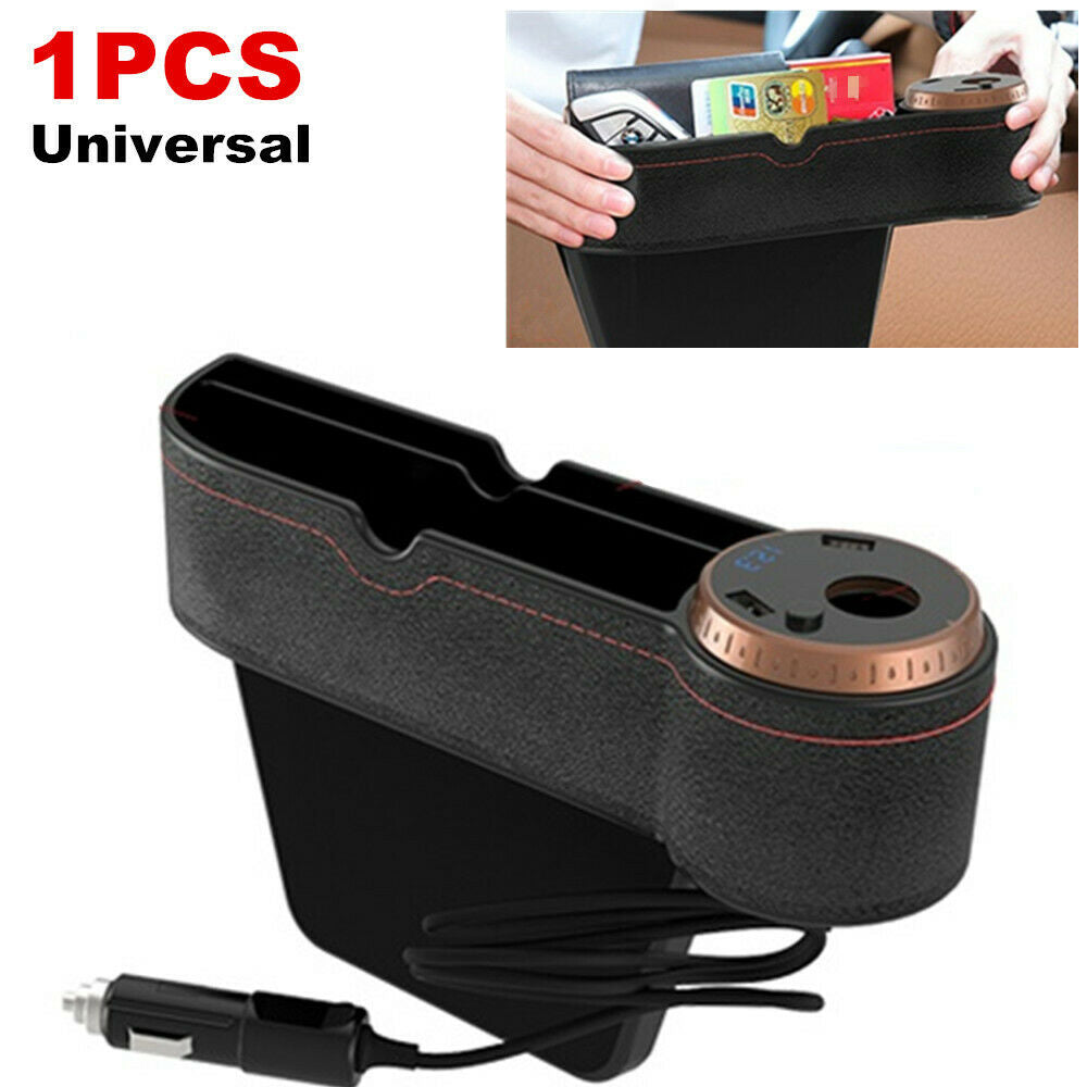 Leather 12-24V Car Seat Slotted Storage Box with Mobile Phone Charger 5V/2.1A