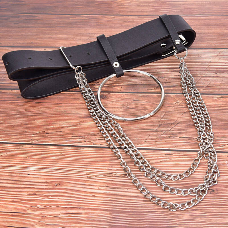 Women Punk Tree Layers Chain Ring Belt Adjustable Black Leather Buckle .DD