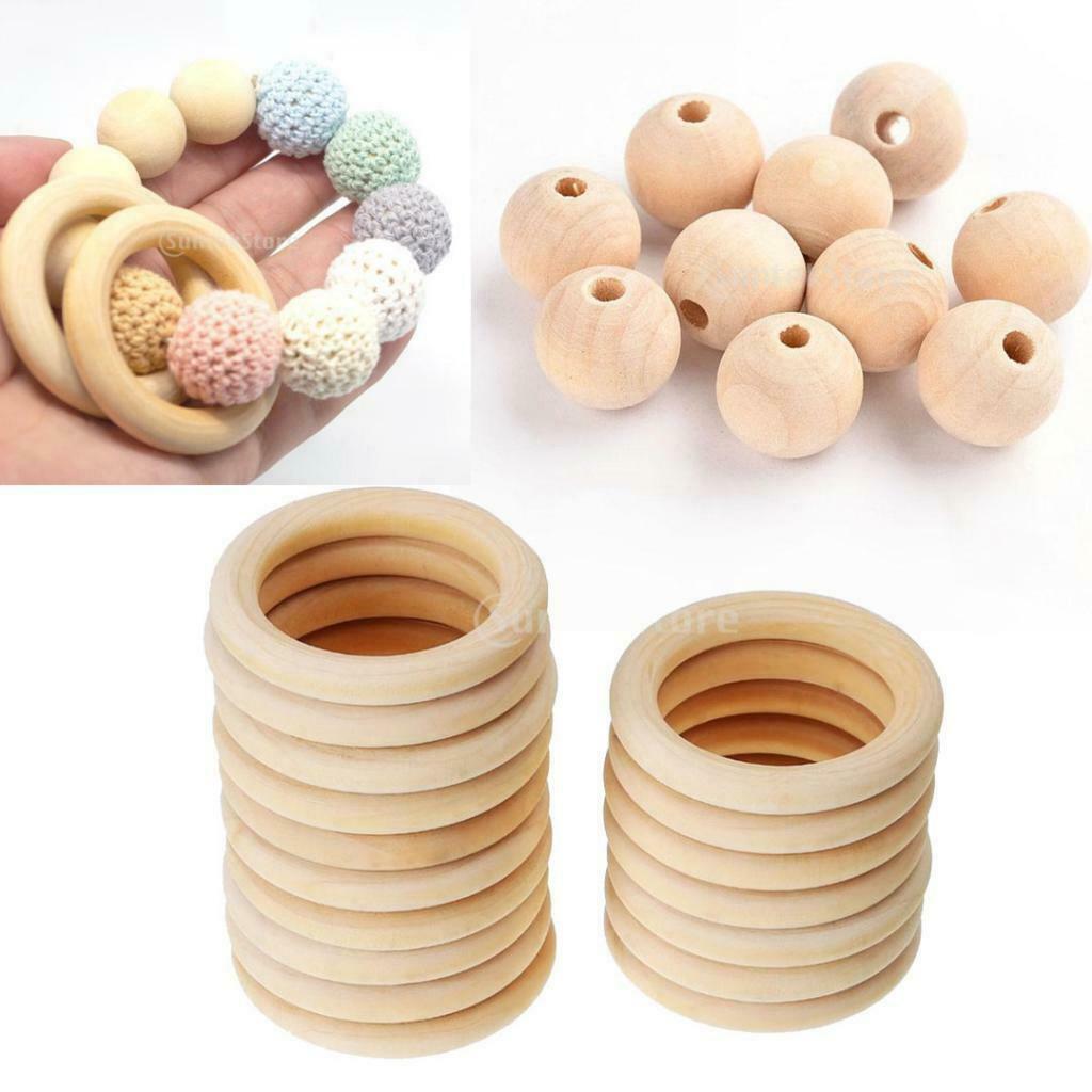 70x Handmade Natural Wooden Teething Wood DIY Loose Beads Baby Teether Rings