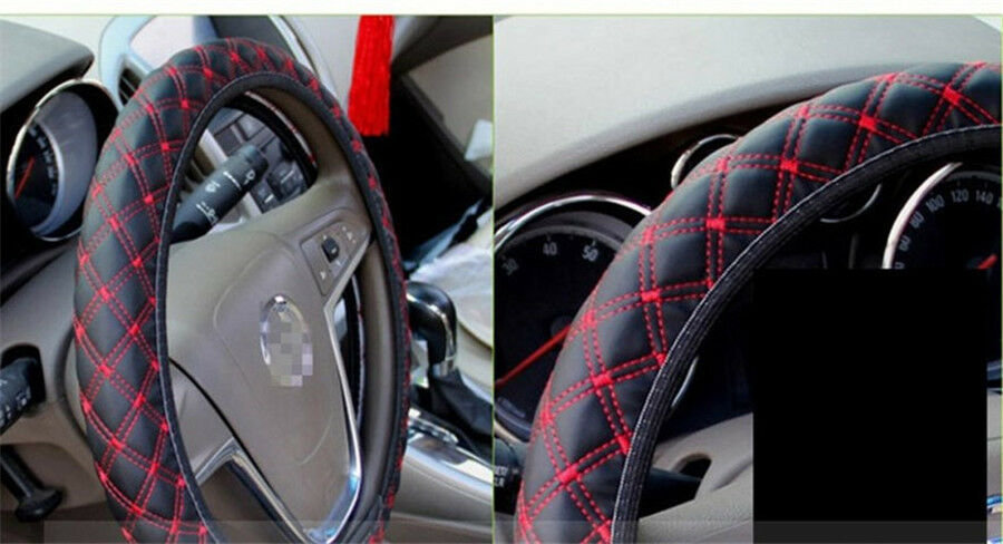 2PCS black & red DIY PU Leather Car Truck Auto Steering Wheel Cover 38cm