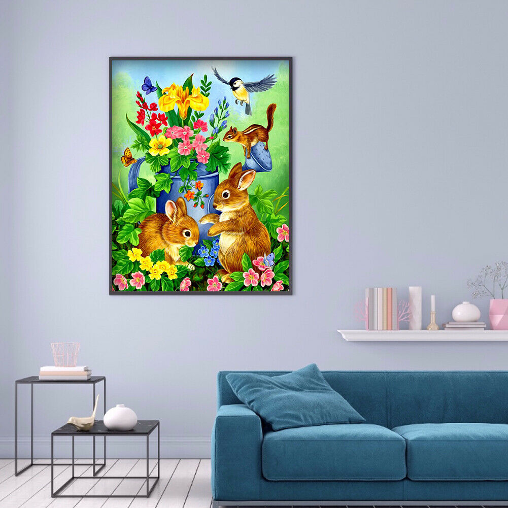 5D DIY Diamond Painting Flower and Rabbit Full Round Drill Picture Handicraft