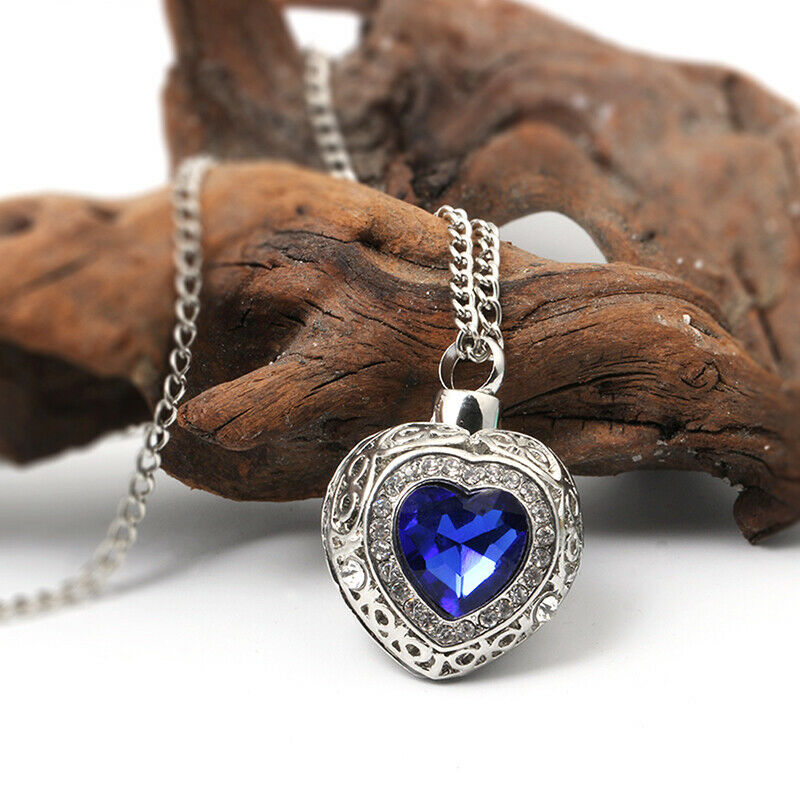 Urn Cremation Heart Blue Crystal Pendant Ash Holder Memorial Necklace Jewe.l8