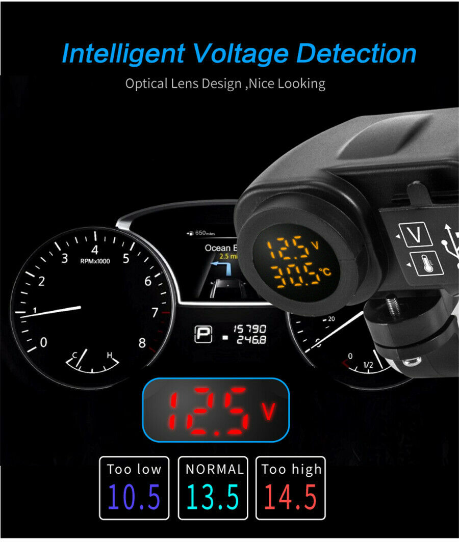 Motorcycle Bike Dual USB Charger 4.2A Digital Yellow LED W/ Phone Location Chip