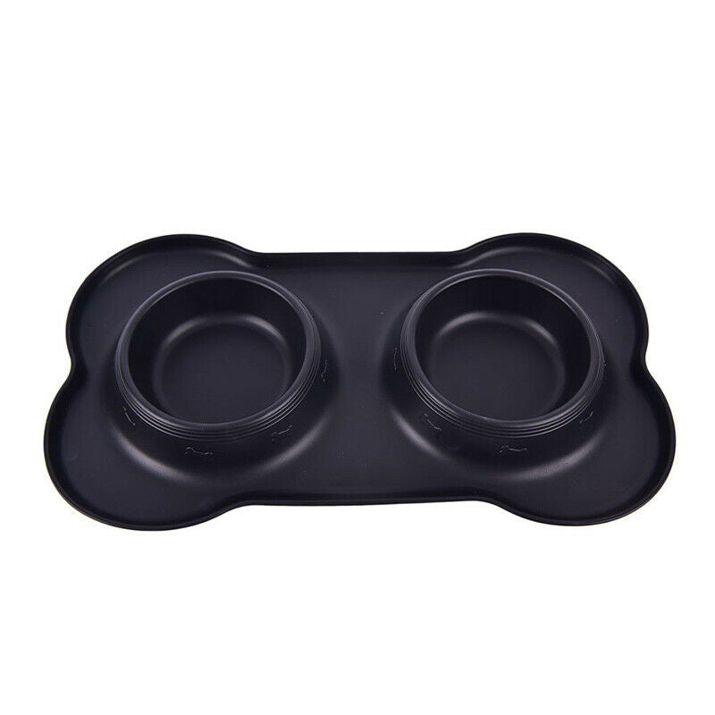 Pet Dog Double Feeder Bowl Stainless Steel Silicone Mat Food Water Bowl Set^DD