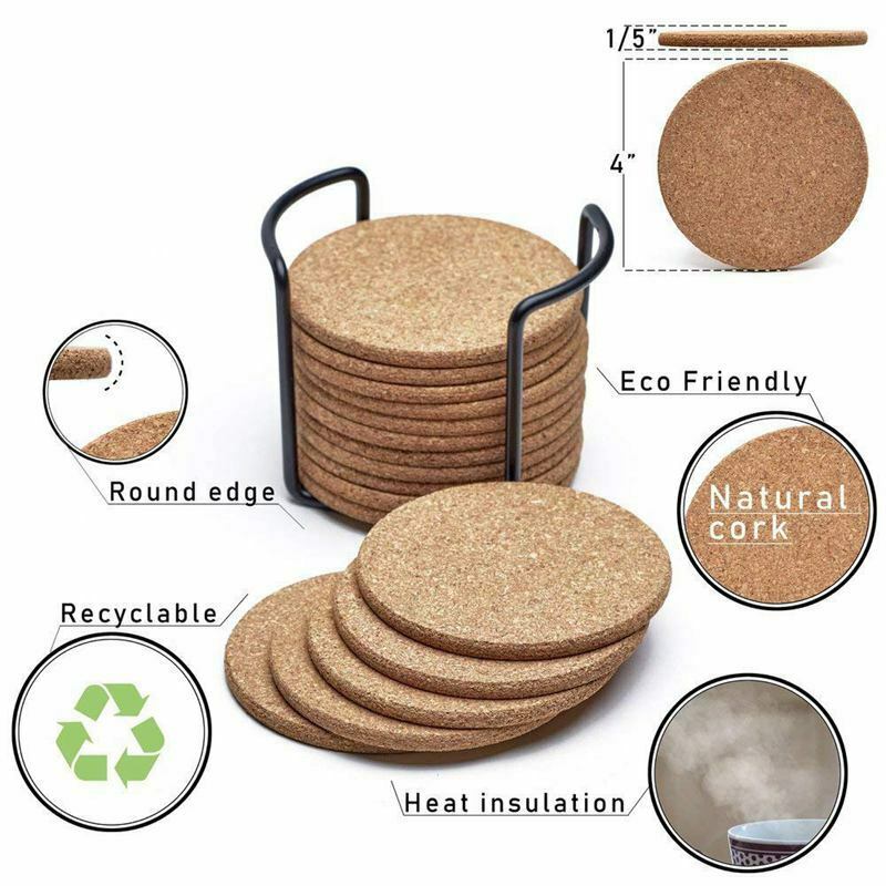 Natural Cork Coasters With Round 16pc Set with Metal Holder Storage Caddy – 1/F1