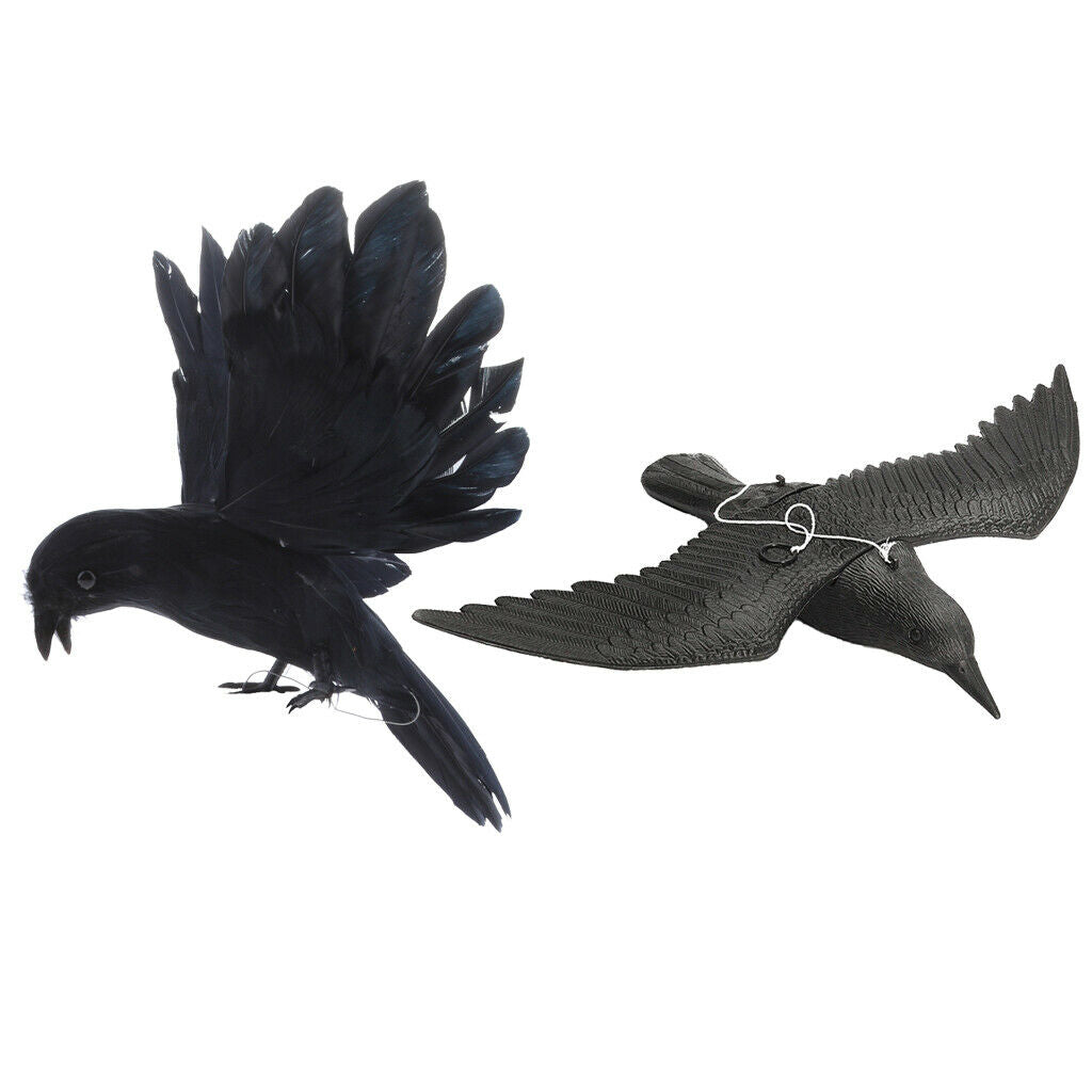 2x Plastic Artificial Feather Realistic Flying Crow Decoy Garden Repeller