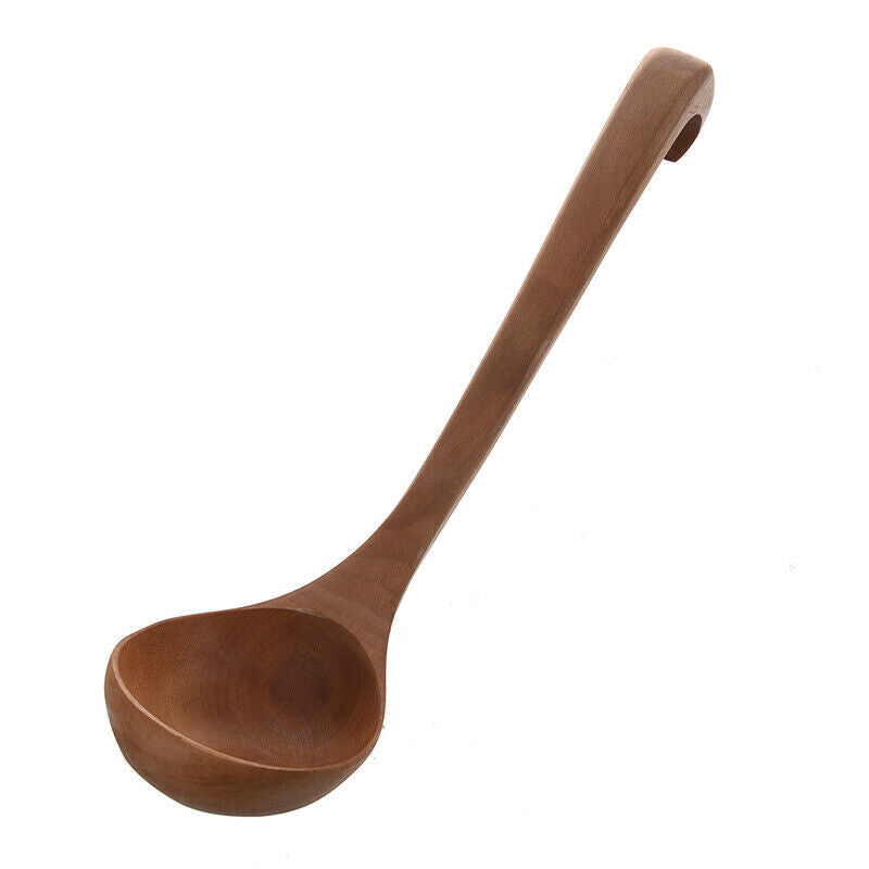 Home Kitchen Tableware Hook End Design Brown Wooden Soup Ladle 11.4 K1T8T8