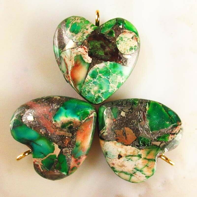 3Pcs Green Man-made Sea Sediment Jasper & Pyrite Heart Pendant Bead A-DHS184