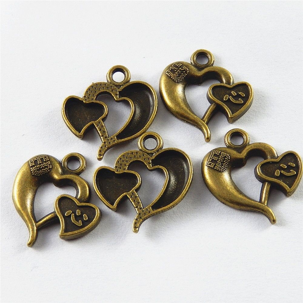 40-pack Antiqued Bronze Alloy Love Heart Shape Chinese Word Pendant 21*18*3mm