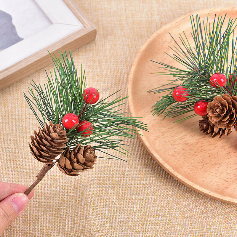 10pcs Artificial Berry And Pine Cone With Holly Branches Christmas Decorat*D TL
