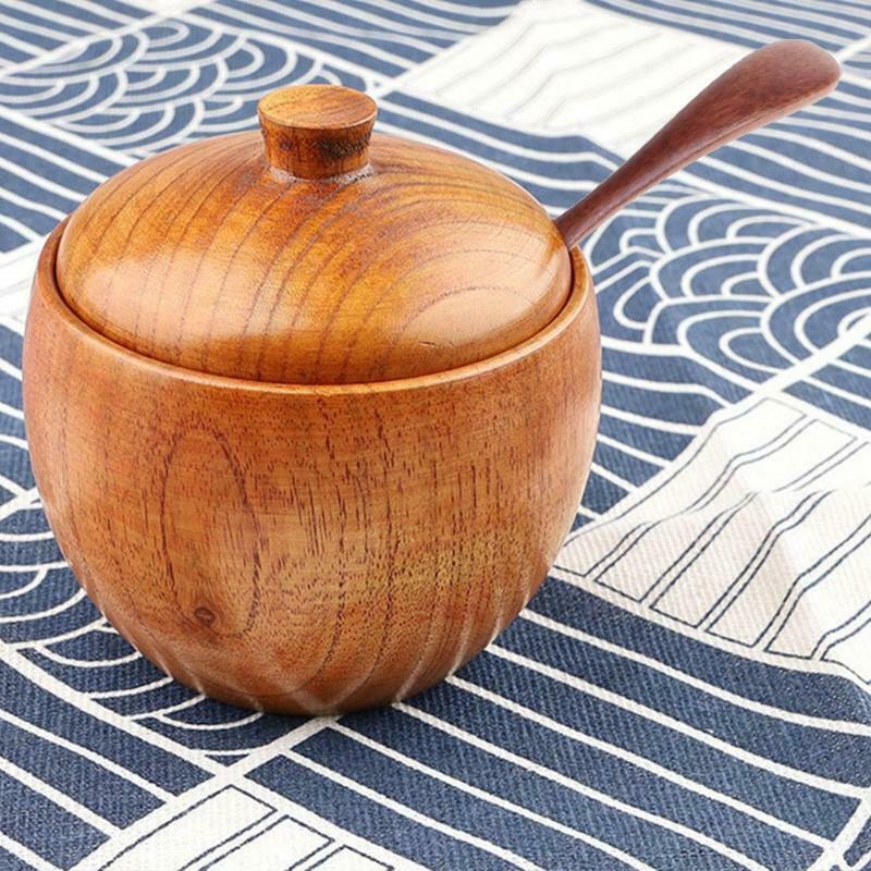 Wooden Salt Box Condiment Seasoning Storage Container Spice Box With Spoon