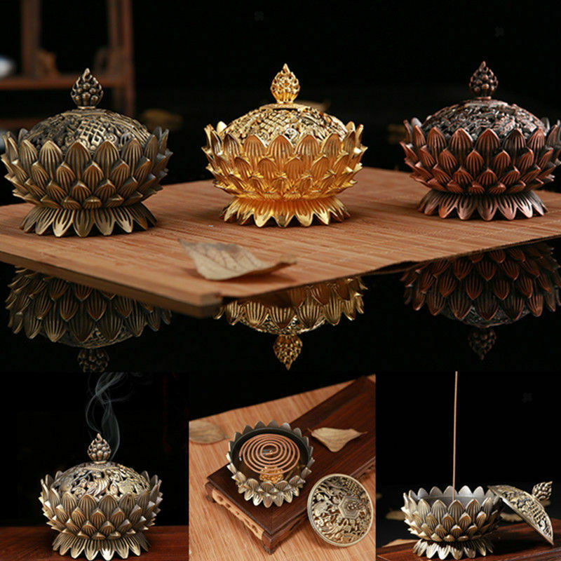 Lotus Incense Smoke Cone Aroma Burner Holder Stove Backflow Censer Bronze M