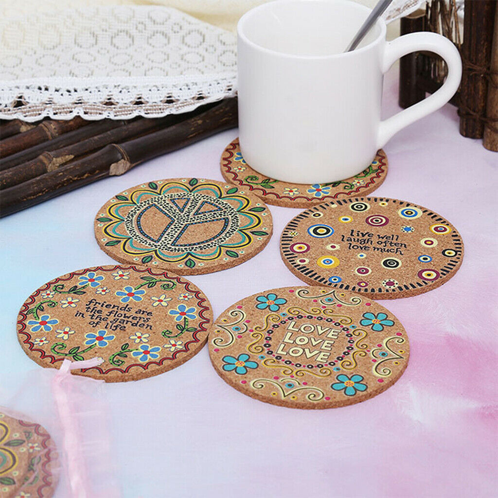 4pcs Cork Drink Coasters Heat Resistant Patterned Mats Moisture Absorbing