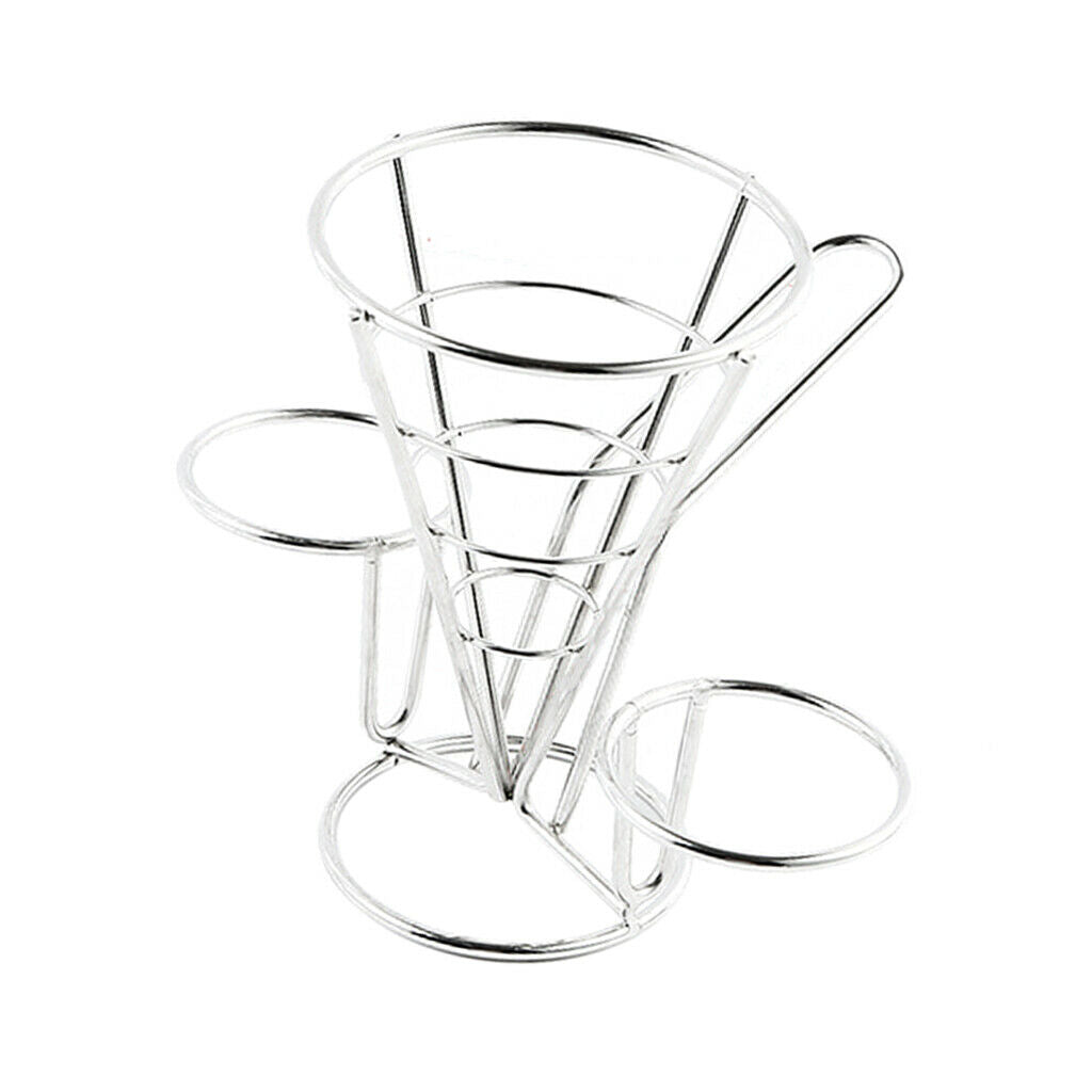 French Fry Holder Stand Cone Rack Snack Basket with 2 Dip Dishes Kitchen