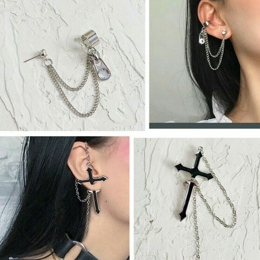 Goth Punk Rock Black Cross Chain Wrap Cuff Earrings Jewelry Piercing Required AU