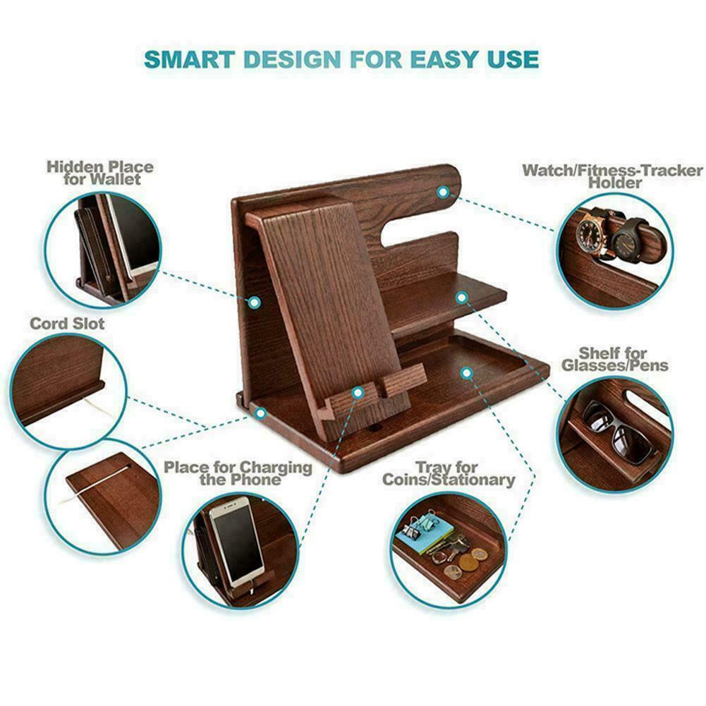 Wood Phone Docking Station Key Holder Wallet Stand Organizer 7T6T J5G Watch W3D8