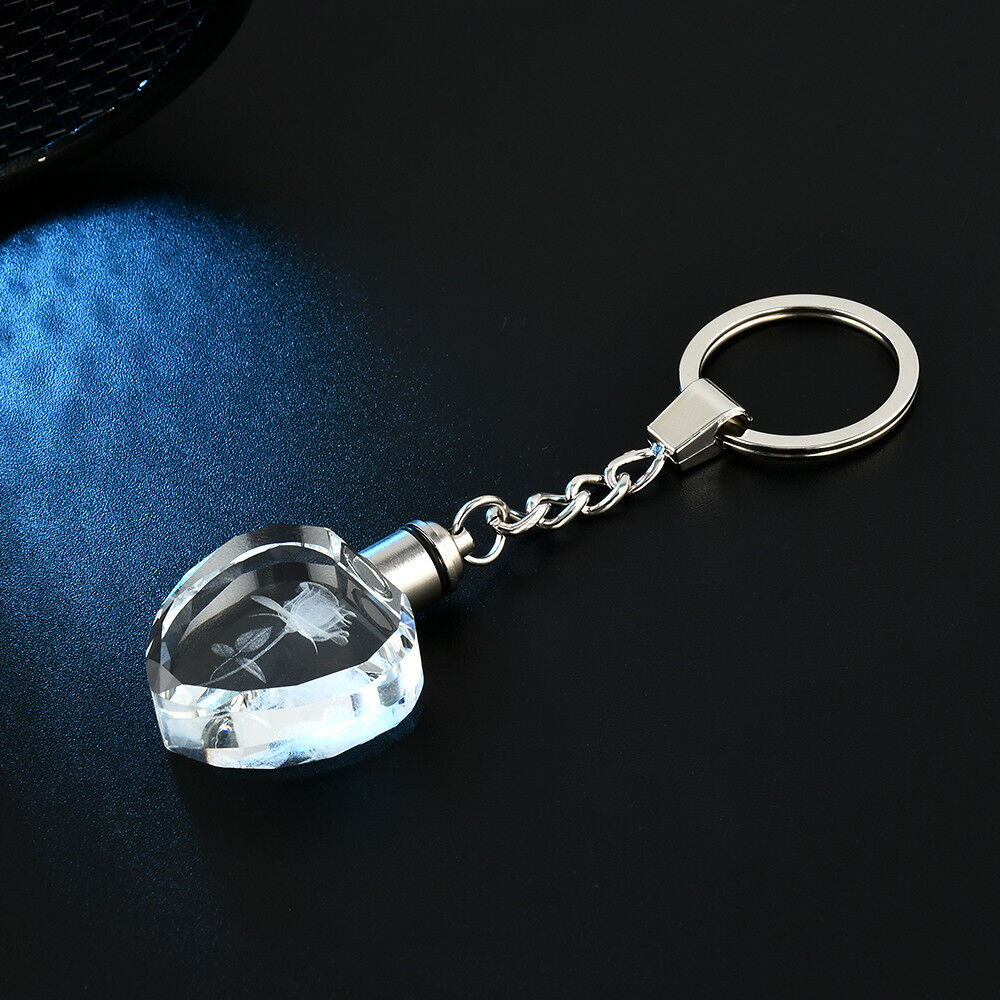 New Fairy Crystal Rose LED Light Keychain Love Heart Key Chain Ring Keyring ~