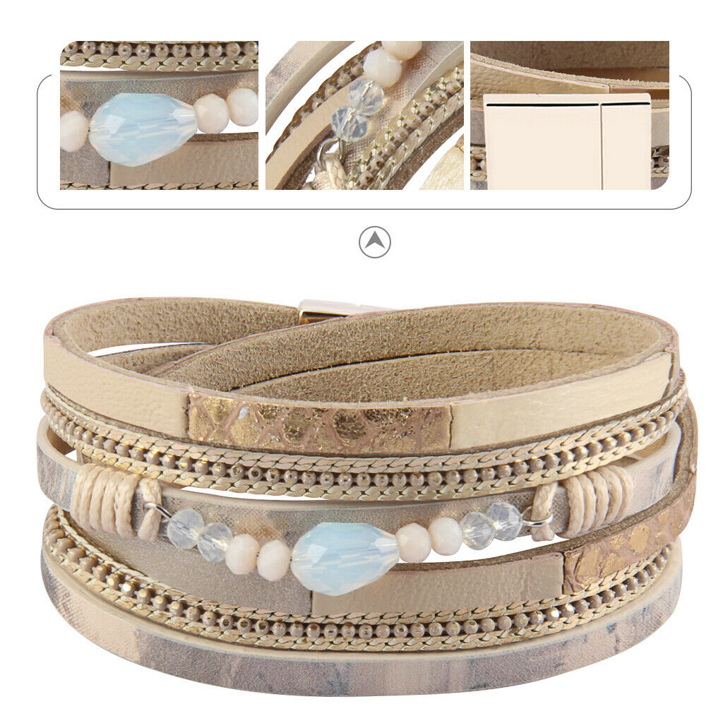 Boho Multi-layer PU Leather Bracelet Bangle Cuff with Rhinestone Light Brown