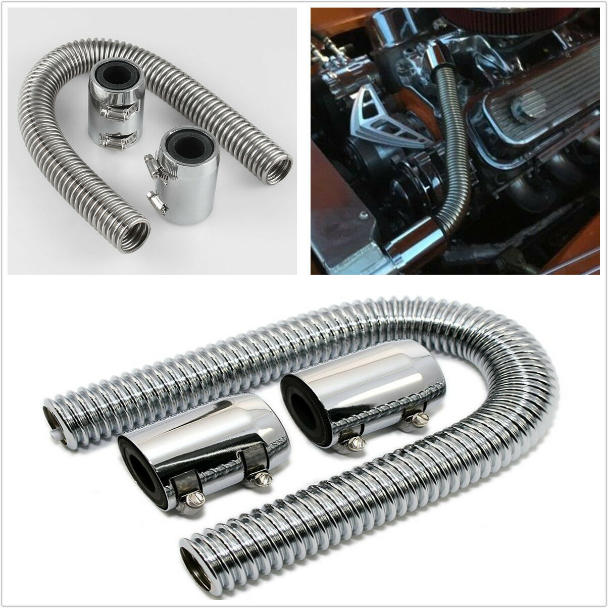 24" Stainless Steel Chrome Radiator Flex Coolant Water Hose Caps/Radiator cover