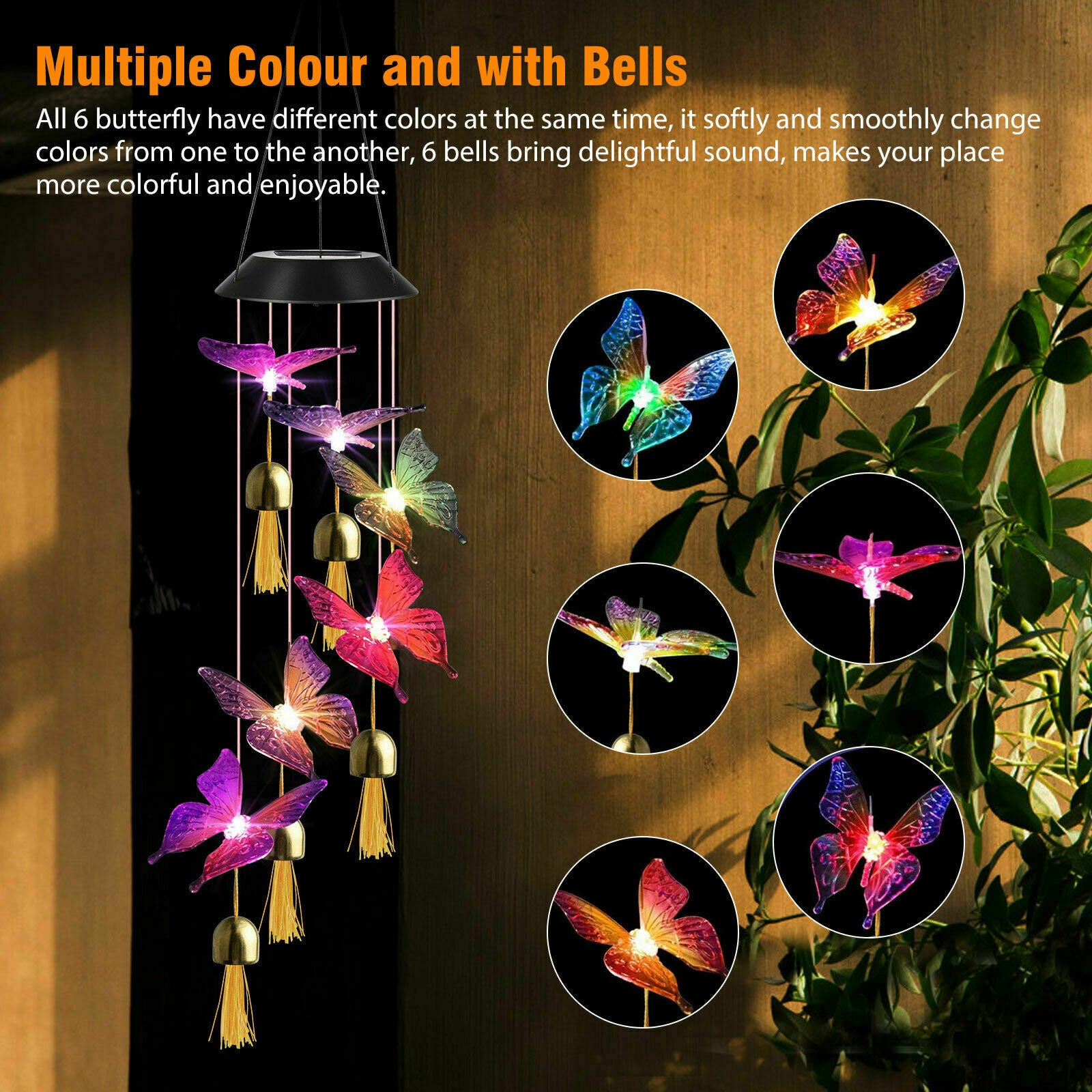 Solar Power LED Butterfly Wind Chime Lamp Color Changing Home Yard Garden Decor