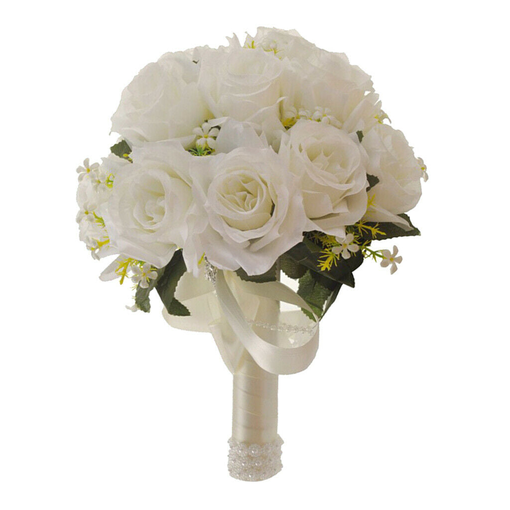 Artificial White Flowers Bride Holding Bouquet Party Pearls Hand Flower