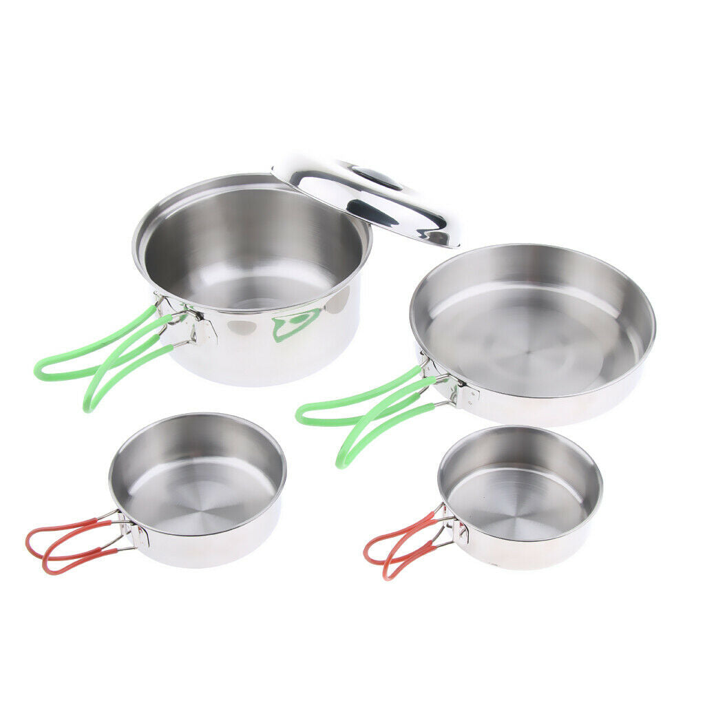 4Pcs Stainless Steel Portable Foldable Camping Hiking Pots Stockpots Utensil