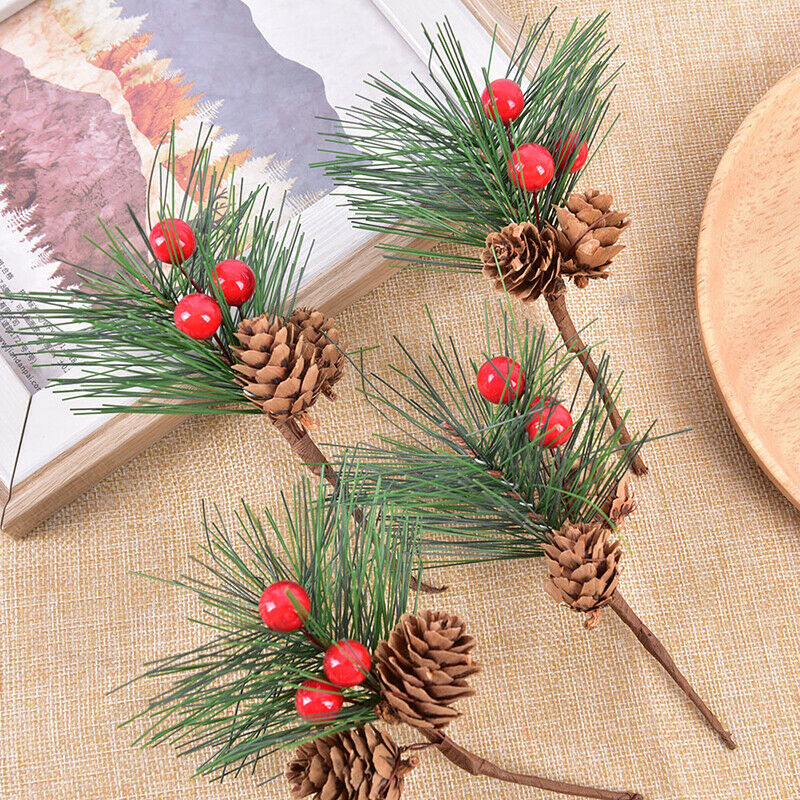 10pcs Artificial Berry And Pine Cone With Holly Branches Christmas Decorat*D TL