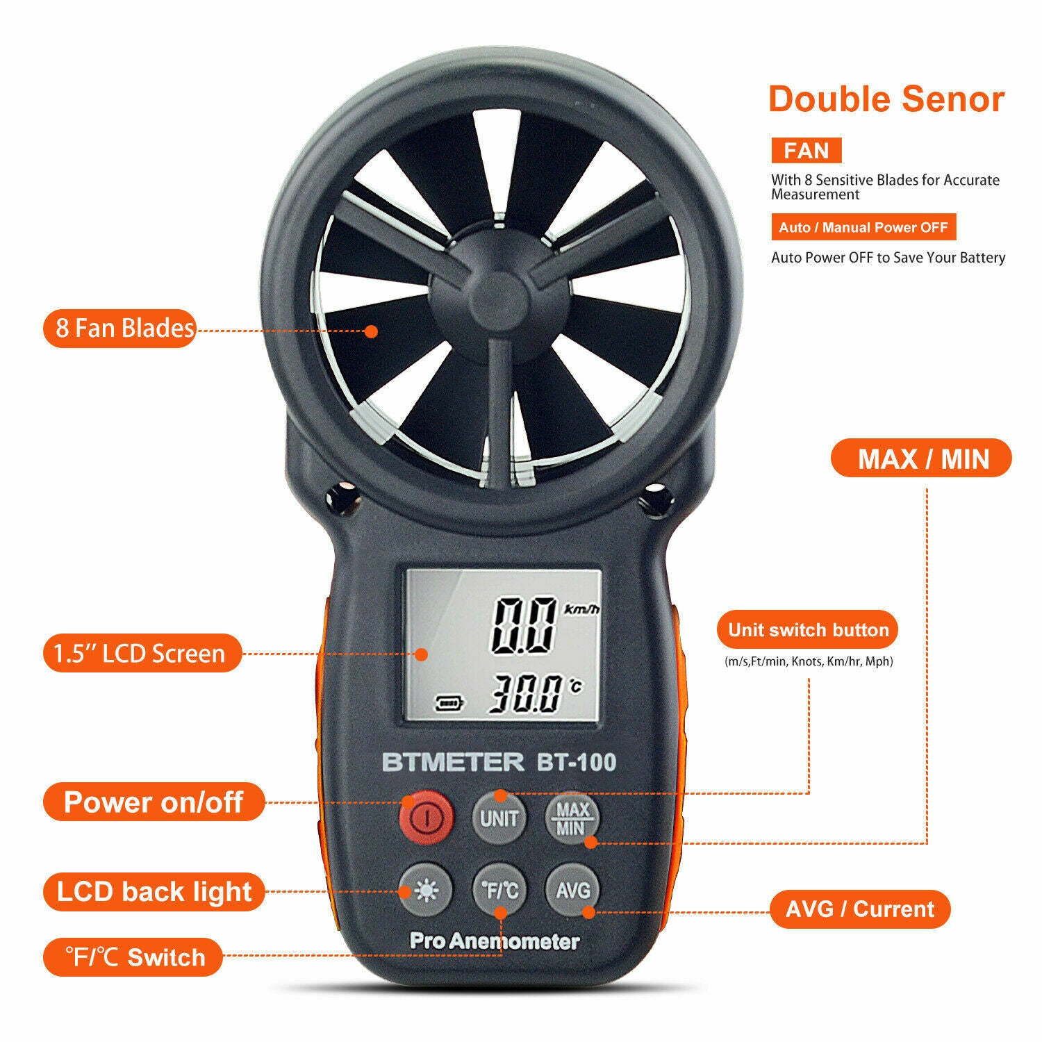 Lcd Handheld Anemometer Instrument Air Tester Digital Anemometer Thermometer